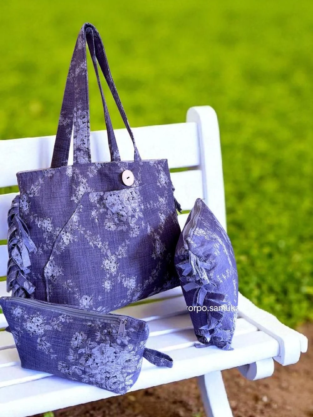 Purple Floral Tote Bag Set with Matching Pouches - Women Bags - Picture 4 of 7
